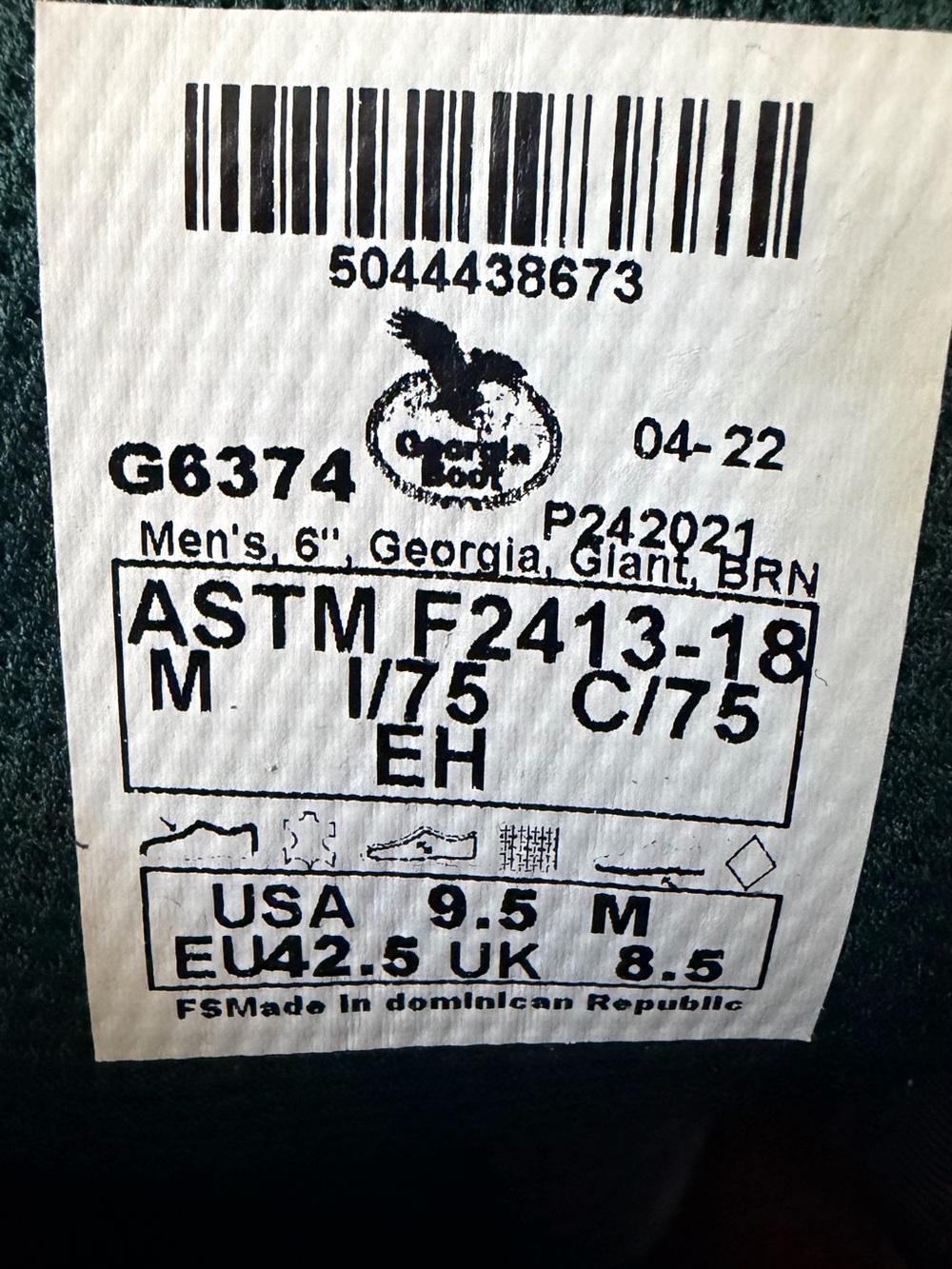 Georgia Boot Brown Men's 6" Georgia Giant Label - Size 9.5